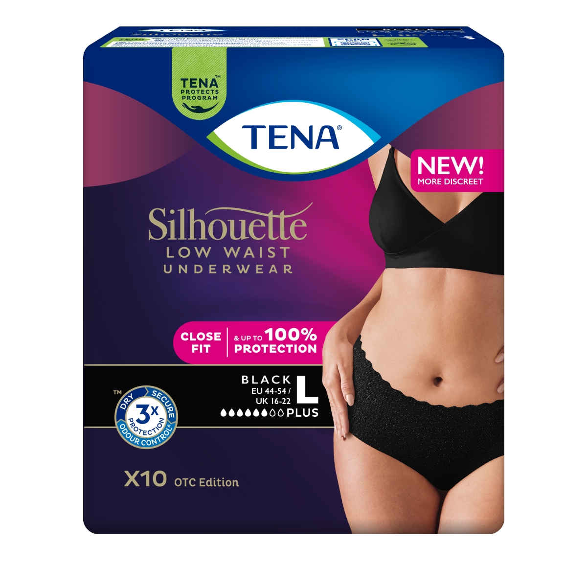 TENA Silhouette Pants Plus Noir bikses melnā krāsā, L izmērs, 10 gab. - Produkta attēls