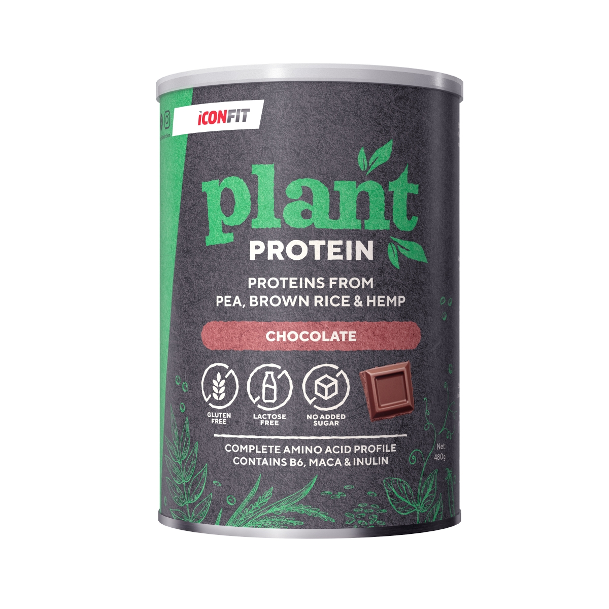 ICONFIT Plant Protein (ar šokolādes garšu) pulveris, 480 g. - Produkta attēls