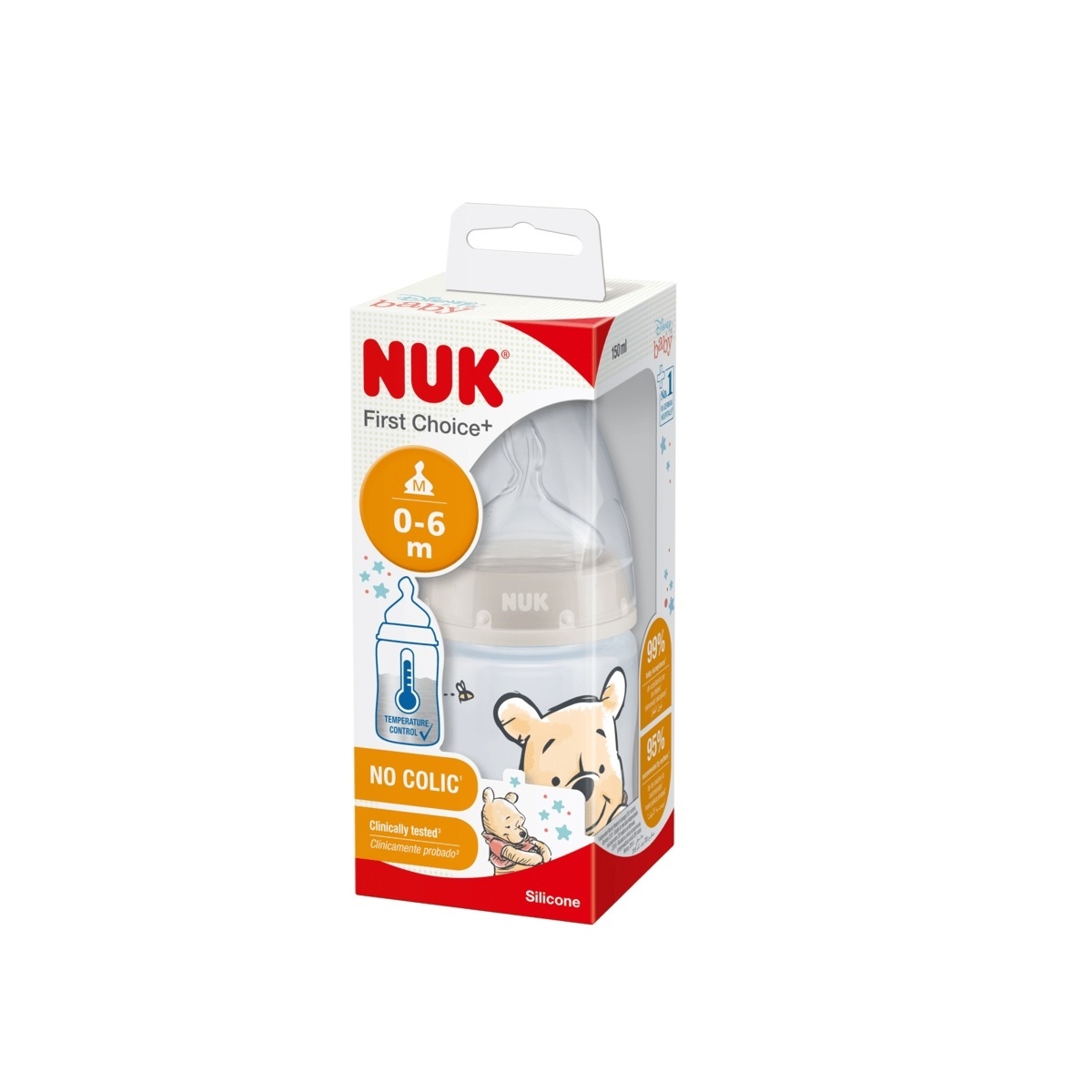 NUK Pudelīte Winnie Pooh 150 ml, M izmēra silikona knupītis - Produkta attēls