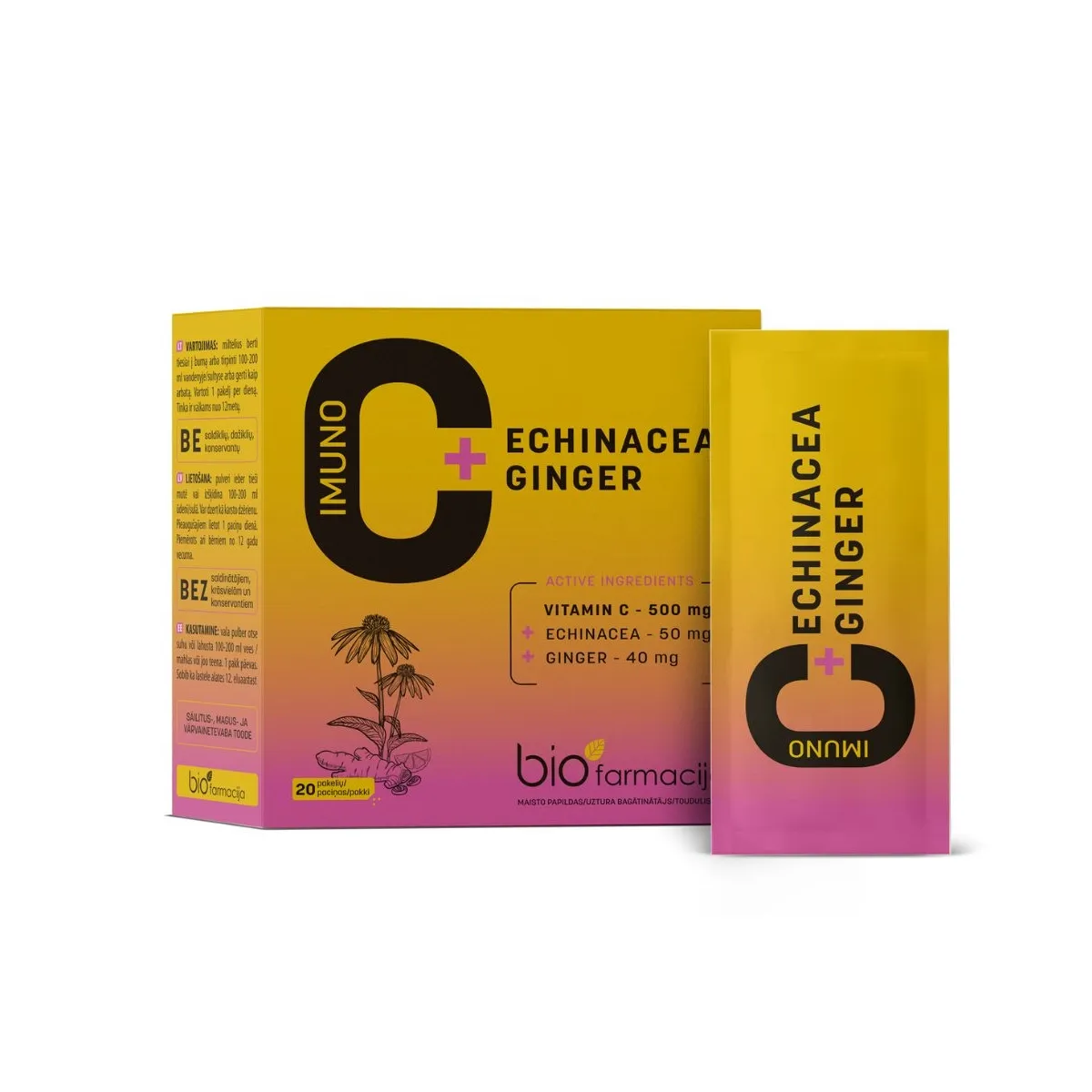 IMMUNO C + Echinacea + Ginger pulveris paciņās, 20 gab - Produkta attēls