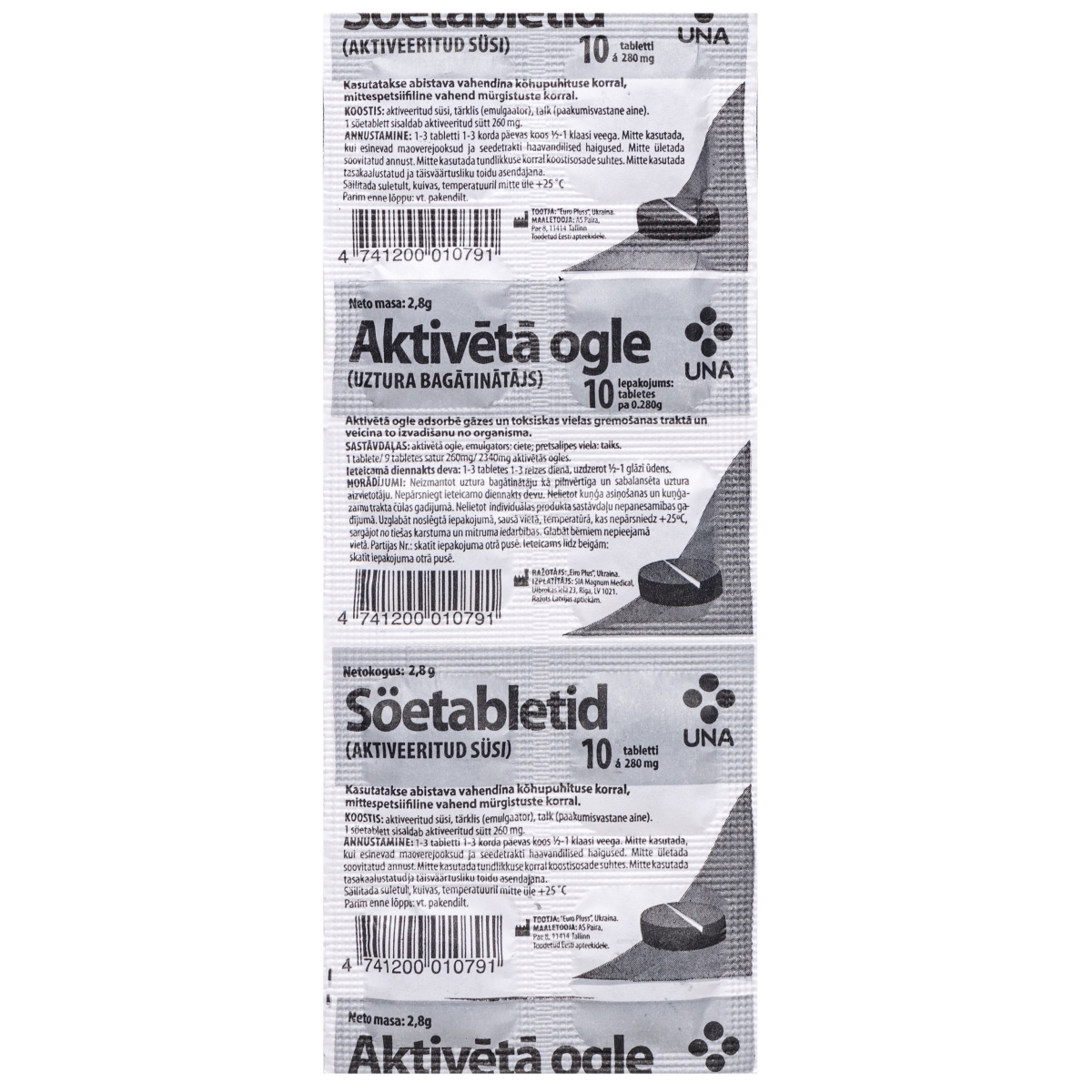 UNA aktivētā ogle 260 mg tabletes, 10 gab. - Produkta attēls