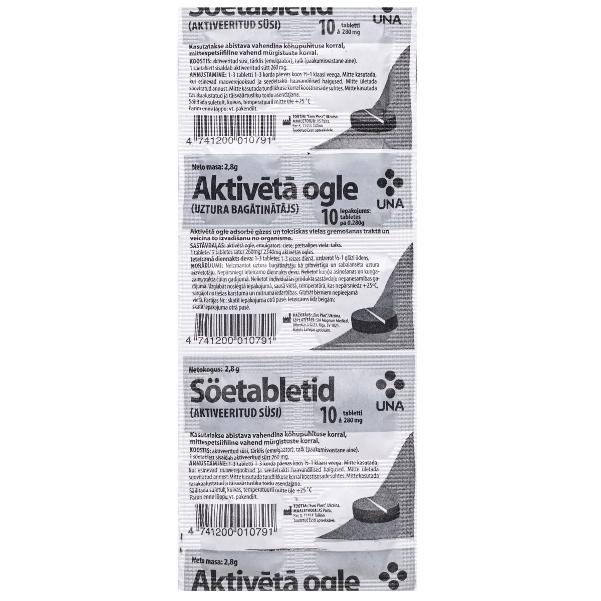 UNA aktivētā ogle 260 mg tabletes, 10 gab. - Produkta attēls
