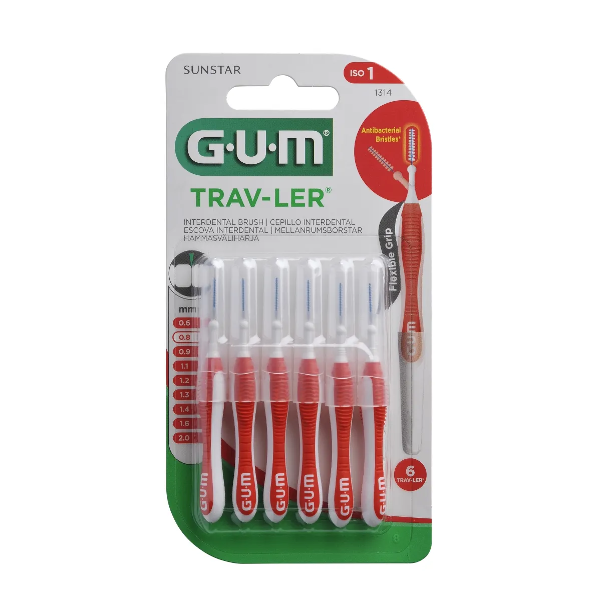 GUM® Trav-Ler starpzobu birstīte 0,8 mm, 6 gab - Produkta attēls