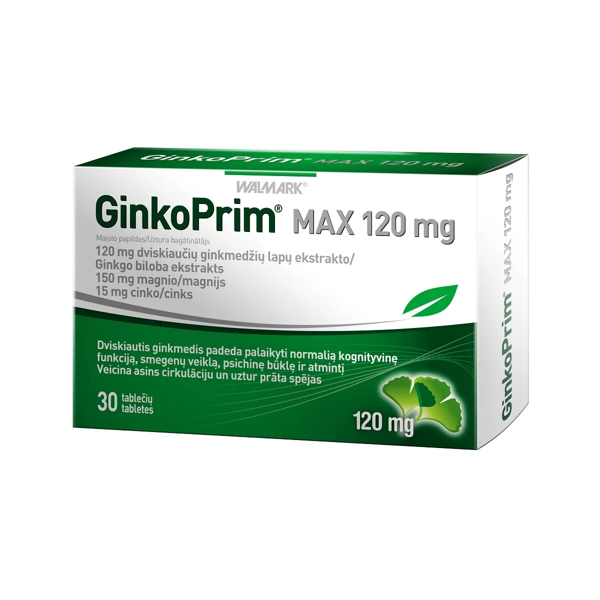 WALMARK Ginko Prim Max 120mg tabletes, 30 gab. - Produkta attēls