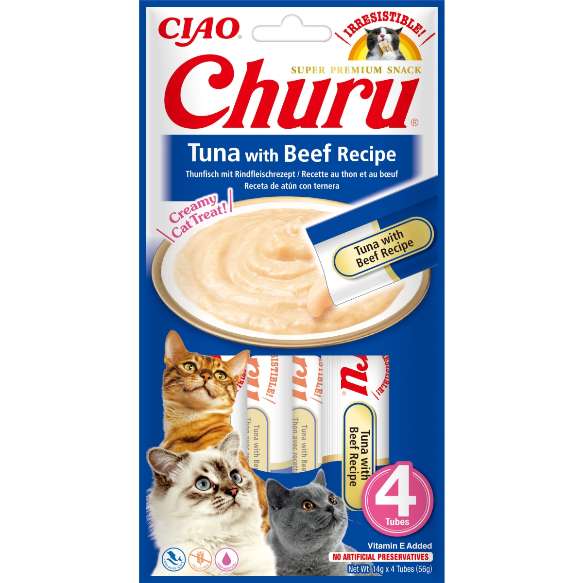 Churu biezenis kaķiem, tuncis&liellops 56g (14gx4) N12 - Produkta attēls