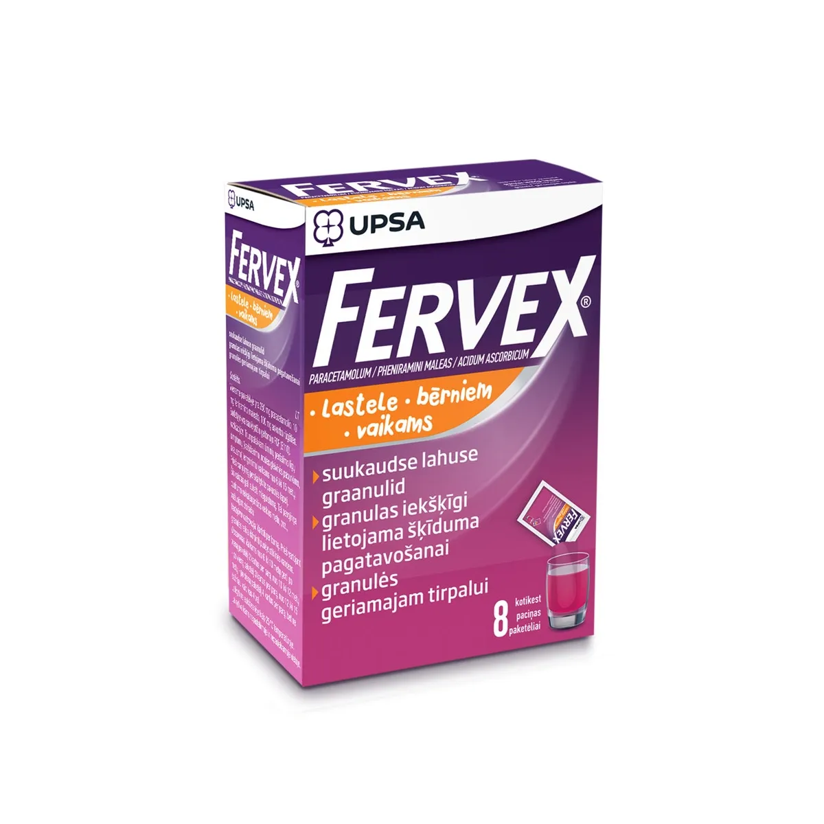FERVEX Bērniem granulas šķīduma pagatavošanai paciņās, 8 gab. - Produkta attēls