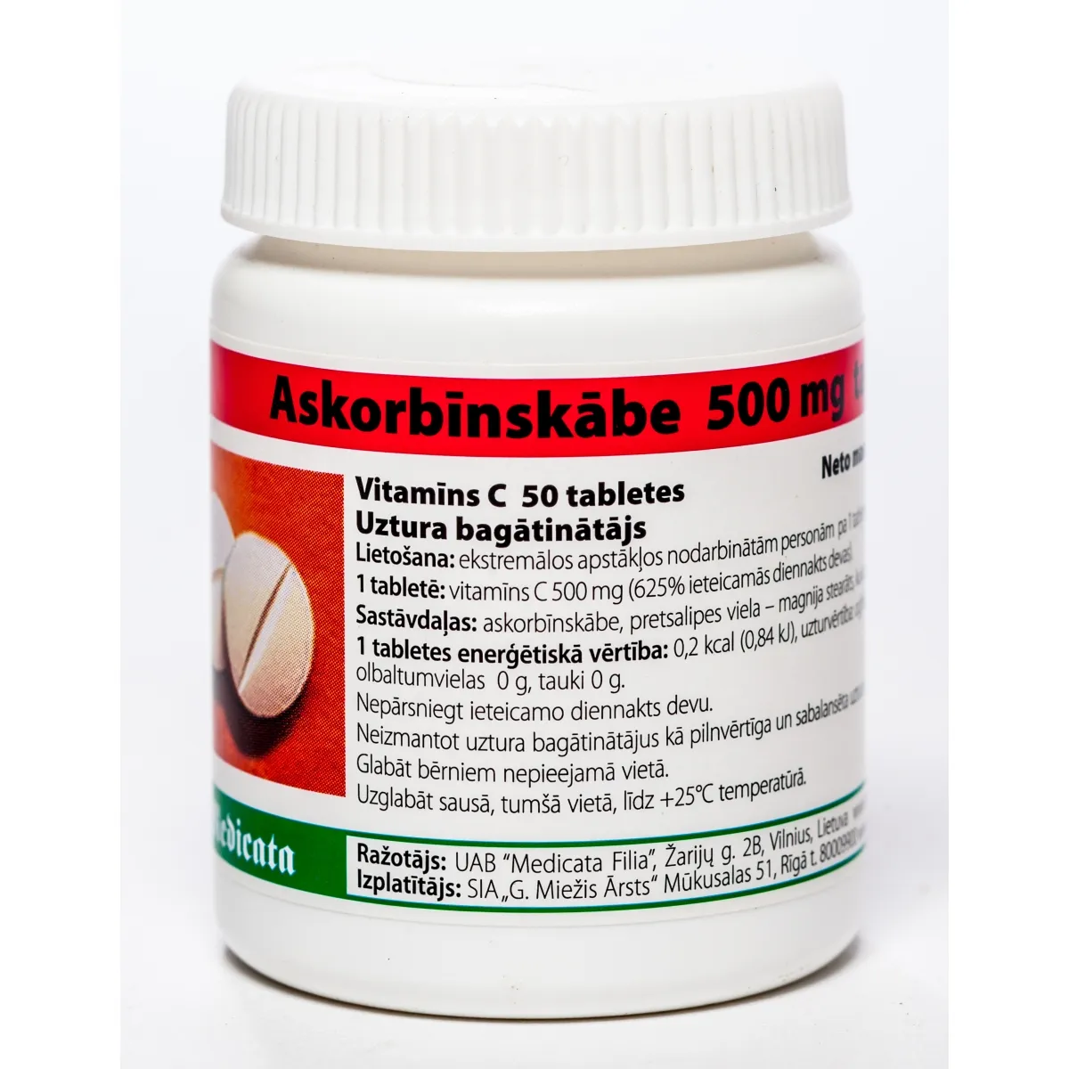 Vitamīns C 500 mg tabletes, 50 gab. - Produkta attēls