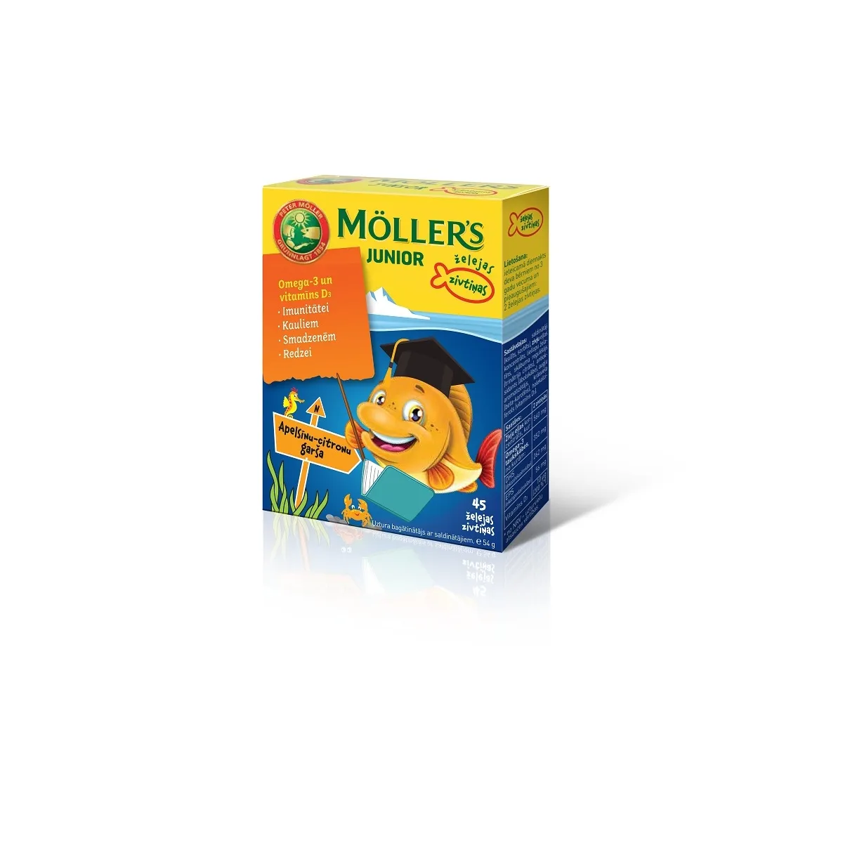 MOLLERS Junior Omega-3 zivtiņu pastilas ar apelsīnu/citronu garšu, 45 - Produkta attēls