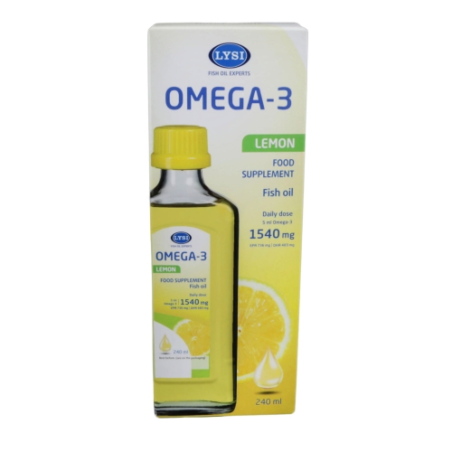 LYSI OMEGA - 3 zivju eļļa ar citronu garšu, 240 ml