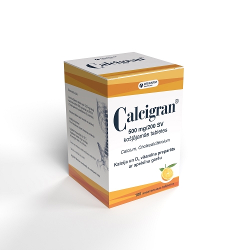 CALCIGRAN 500MG KOŠĻĀJAMĀS TABLETES N100 AR APELSĪNU GARŠU