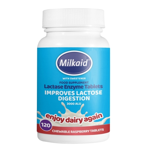 Milkaid laktāzes enzīms ar aveņu garšu 120 košļājamās tabletes