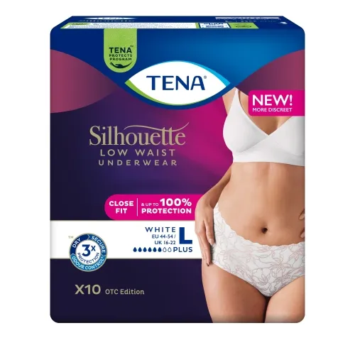 TENA Silhouette Pants Plus White bikses baltā krāsā, L izmērs, 10 gab.