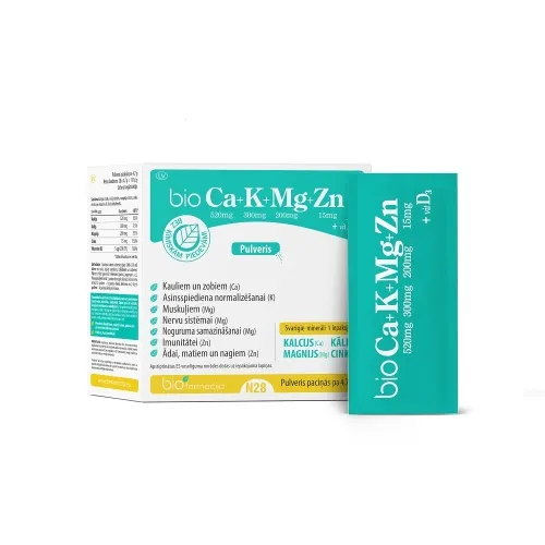 BIO Ca+K+Mg+Zn ar vitamīnu D3 pulveris, 28 gab.