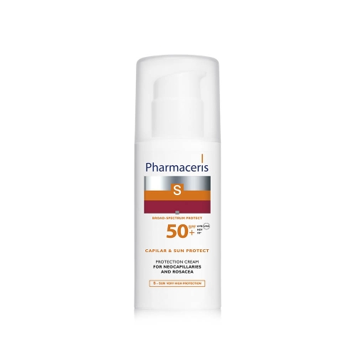 PHARMACERIS S. Sun Capilar Protect aizsargājošs sejas krēms ādai ar paplašinātiem kapilāriem un rozāciju SPF50+, 50 ml