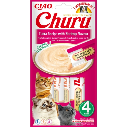 Churu biezenis kaķiem, tuncis&garneles 56g (14gx4) N12
