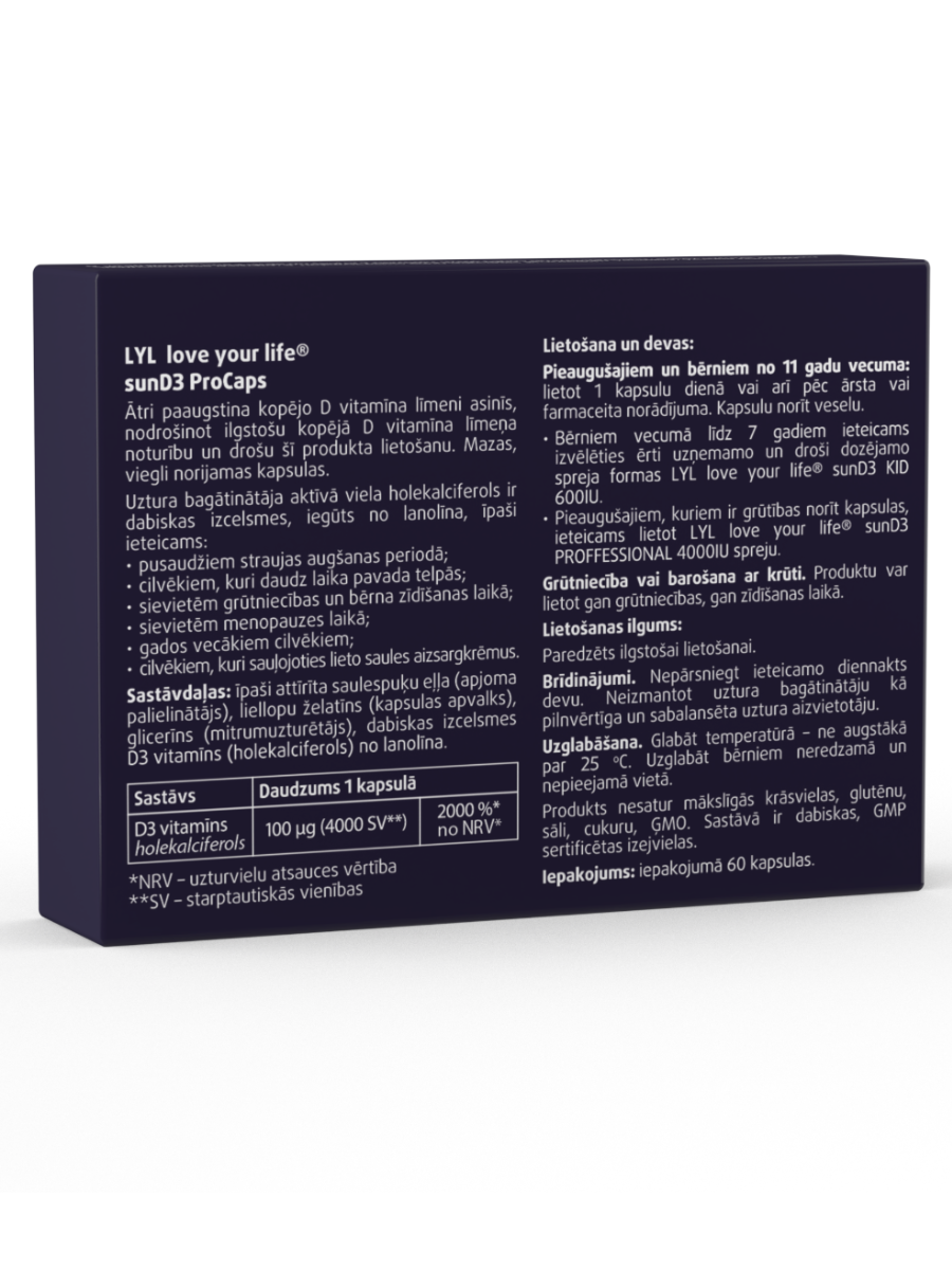 LYL sunD3 ProCaps 4000 SV, 60 kapsulas - Produkta attēls 2