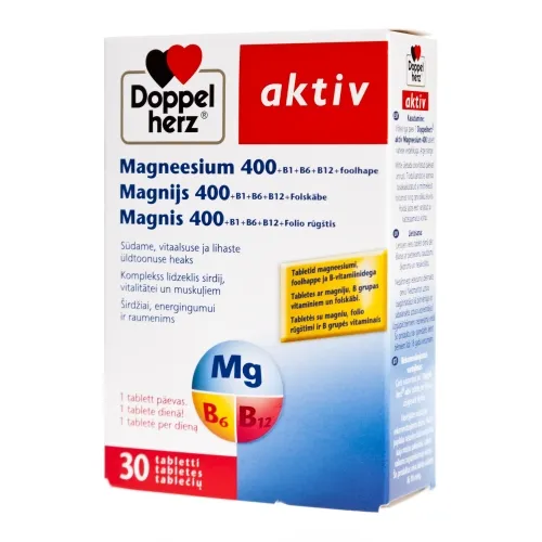 Product image of DOPPELHERZ® Aktiv Magnijs 400+ B1 + B6 + B12 + Folskābe tabletes, 30 g