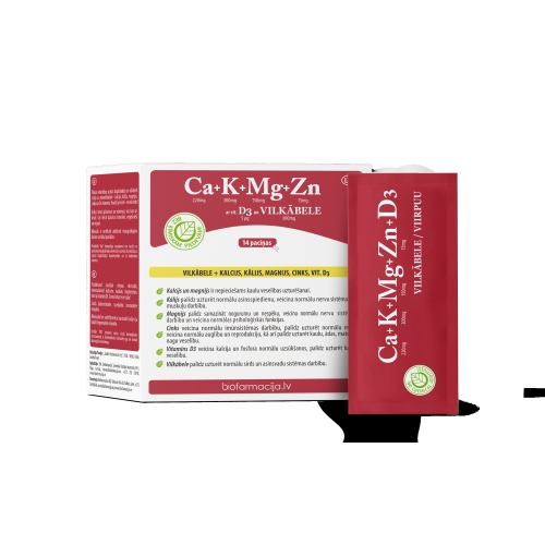 Product image of BIO Ca+K+Mg+Zn ar vitamīnu D3 un vilkābeli pulveris, 14 gab.