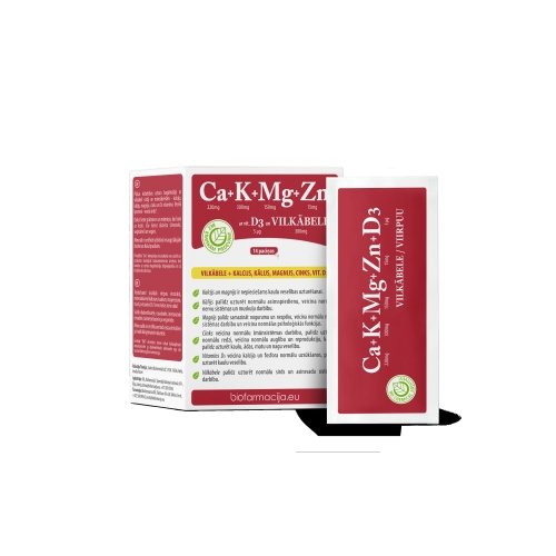 BIO Ca+K+Mg+Zn ar vitamīnu D3 un vilkābeli pulveris, 14 gab. - Produkta attēls 