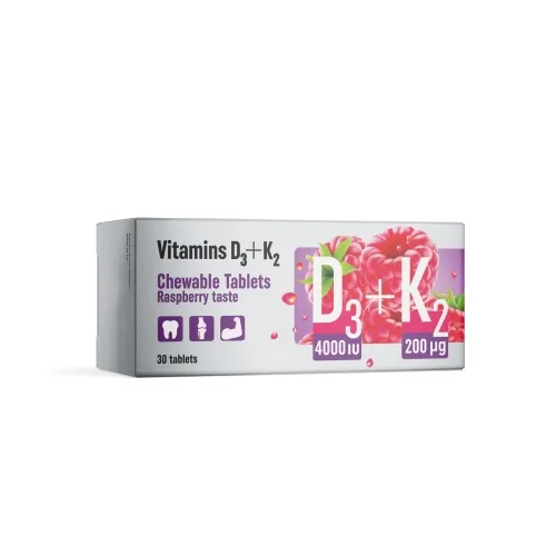 Product image of Vitamīni D3+K2 ar aveņu garšu košļājamās tabl., 30 gab