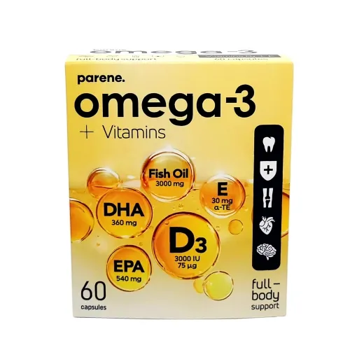 Omega-3 zivju eļļa + vitamīni D3 un E parene. kapsulas, 60 gab BOJĀTS