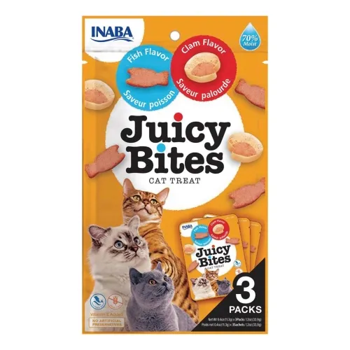 Churu Juicy Bites gabaliņi kaķiem, zivs&gliemenes 33.9g (11.3gx3) N6 - Produkta attēls 