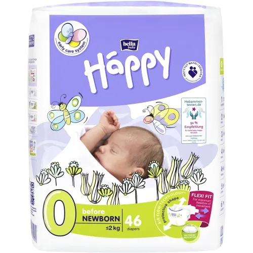 HAPPY BEFORE NEWBORN autiņbiksītes, 0. izmērs (līdz 2 kg), 46 gab. - Produkta attēls 