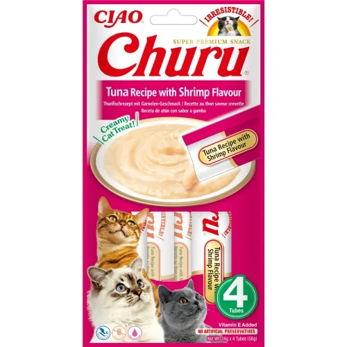 Churu biezenis kaķiem, tuncis&garneles 56g (14gx4) N12