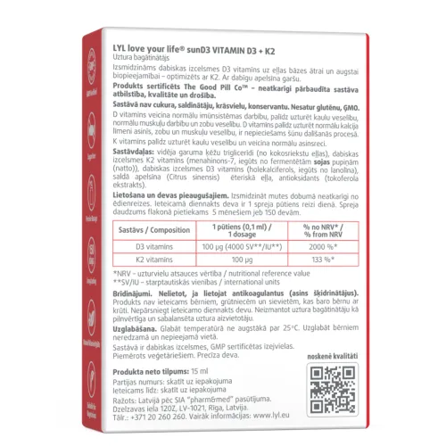 LYL sunD3 D3+K2 | 4000 SV+100 µg (150 devas), sprejs, 15 ml - Produkta attēls 1
