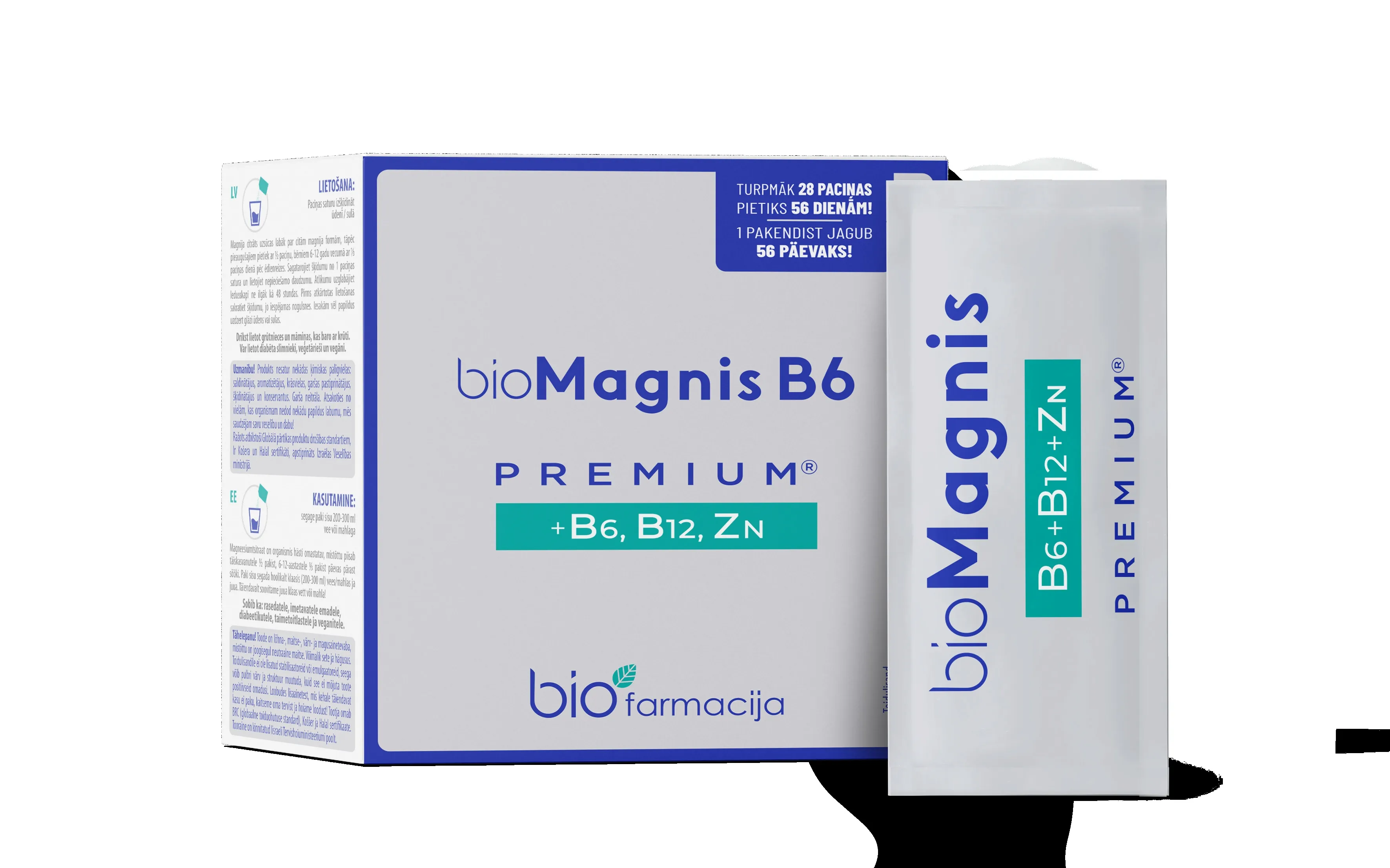 bioMAGNIJS B6 premium® +B6, B12 un Cinks pulveris, 28 gab. - Produkta attēls 