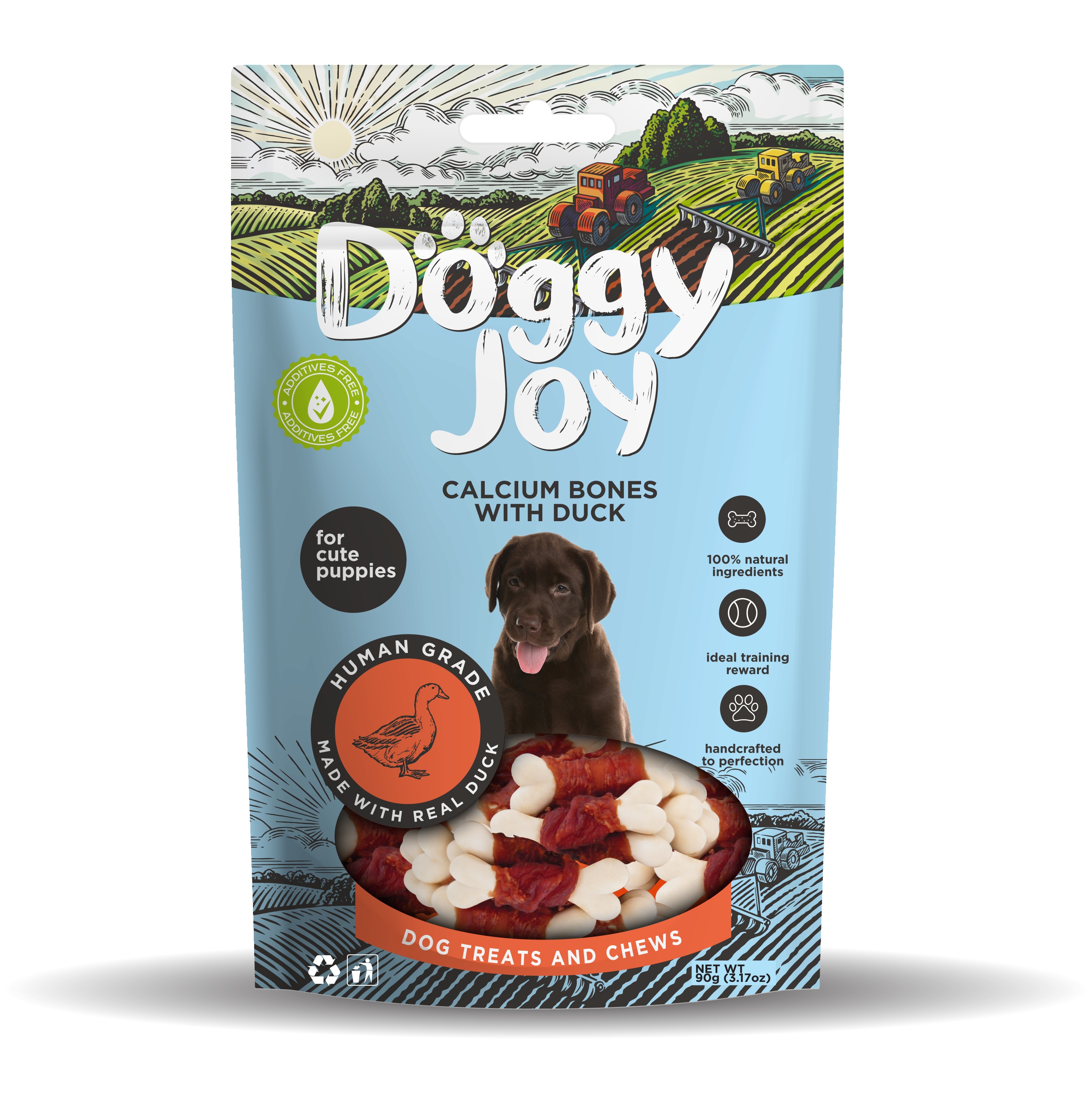 DOGGY JOY KALCIJA KAULIŅI AR PĪLI KUCĒNIEM 90G - Produkta attēls 