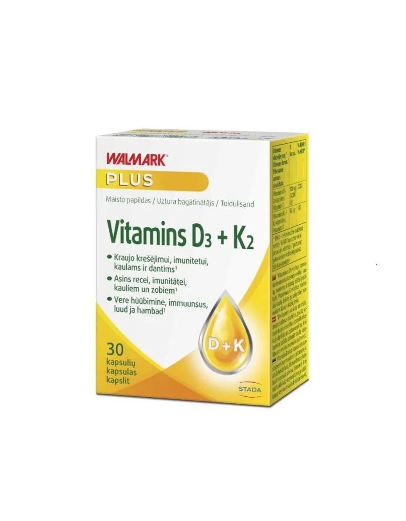 WALMARK D3 vitamīns 4000SV + K2 kapsulas, 30 gab - Produkta attēls 