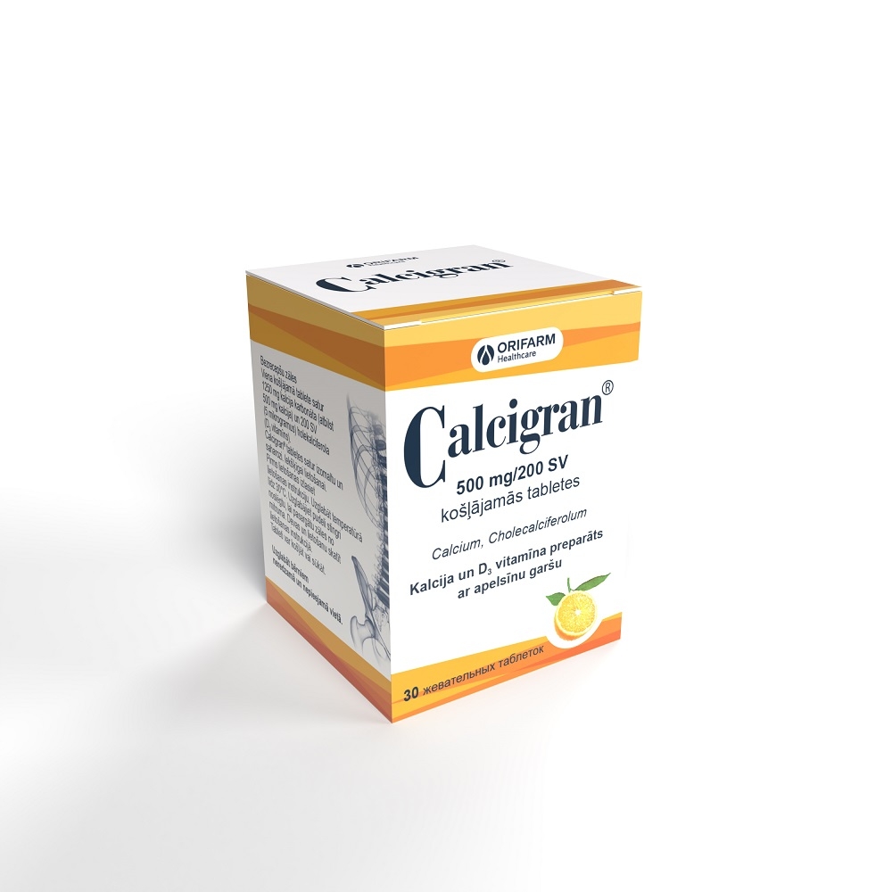 CALCIGRAN 500 mg košļājamās tabletes (apelsīni), 30 gab. - Produkta attēls 