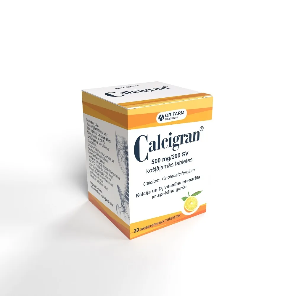 CALCIGRAN 500 mg košļājamās tabletes (apelsīni), 30 gab. - Produkta attēls 