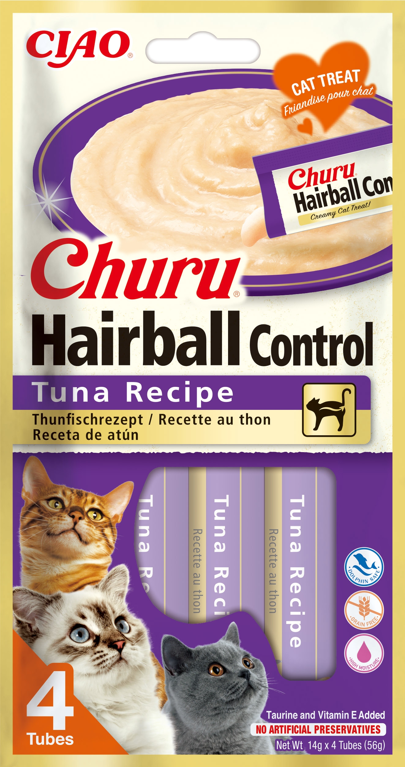 Churu Hairball Control biezenis kaķiem, tuncis 56g (14g x4) N12 - Produkta attēls 