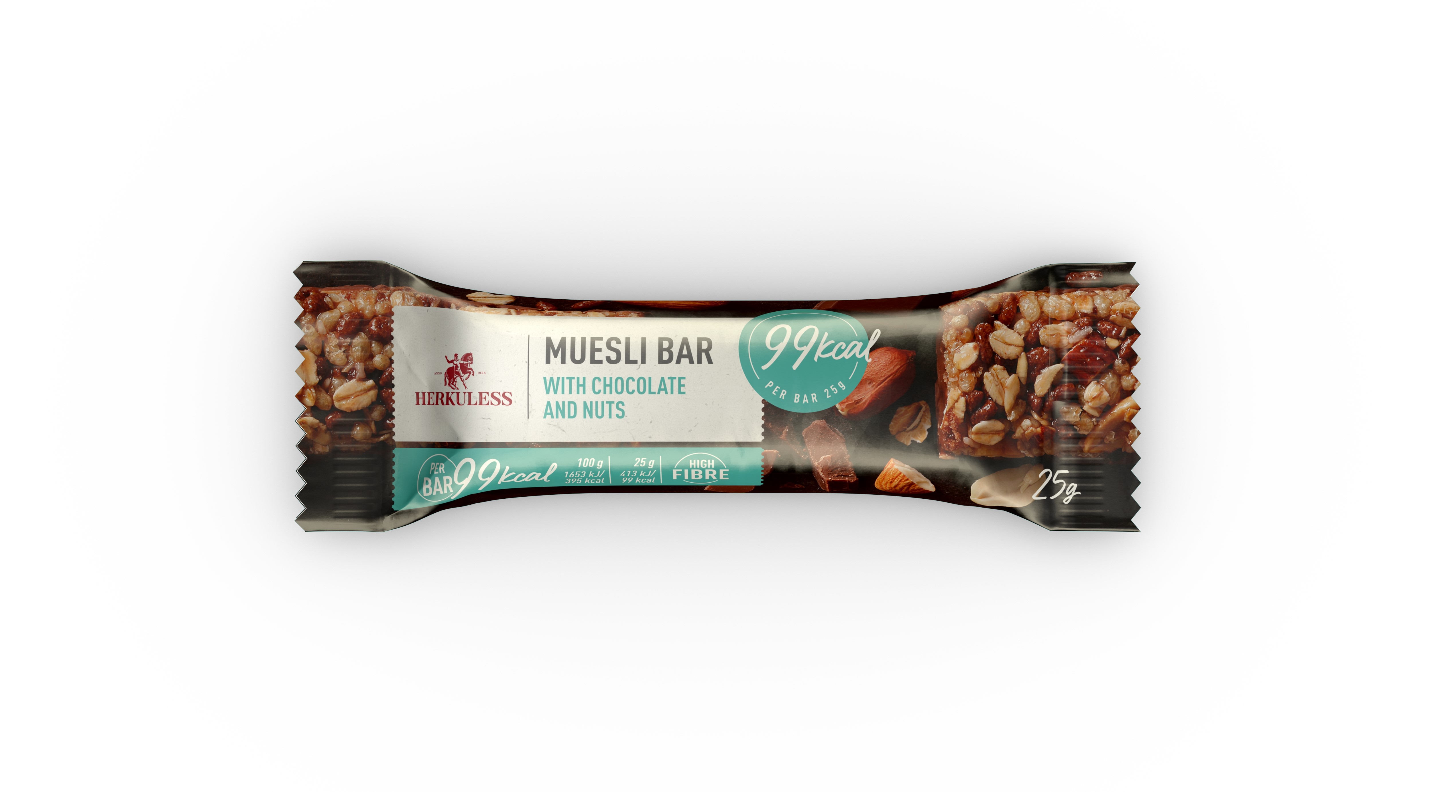 HERKULESS Musli batoniņš ar piena šokolādi un riekstiem, 25g - Produkta attēls 