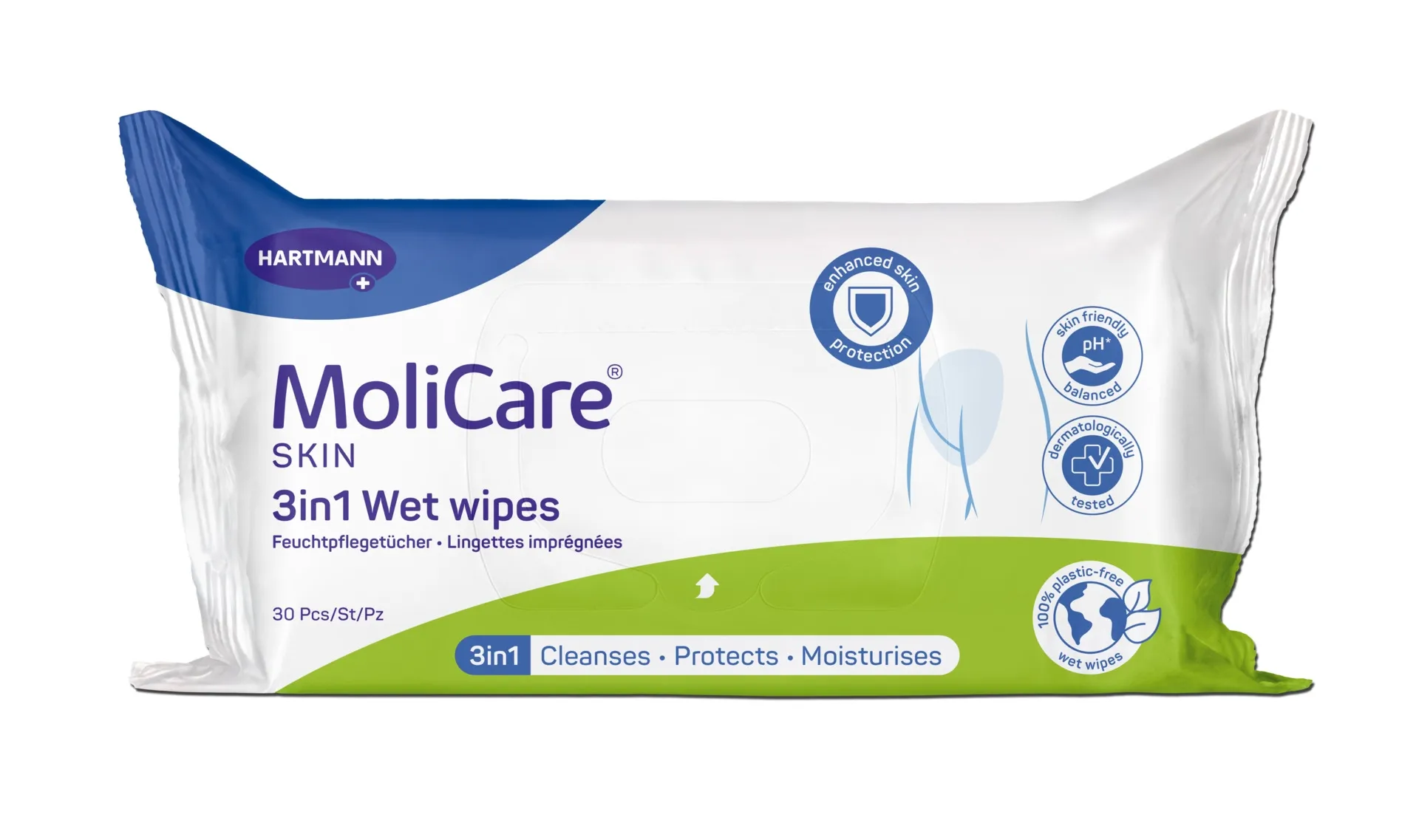 MOLICARE Skin 3 in 1 mitrās salvetes, 30 gab - Produkta attēls 
