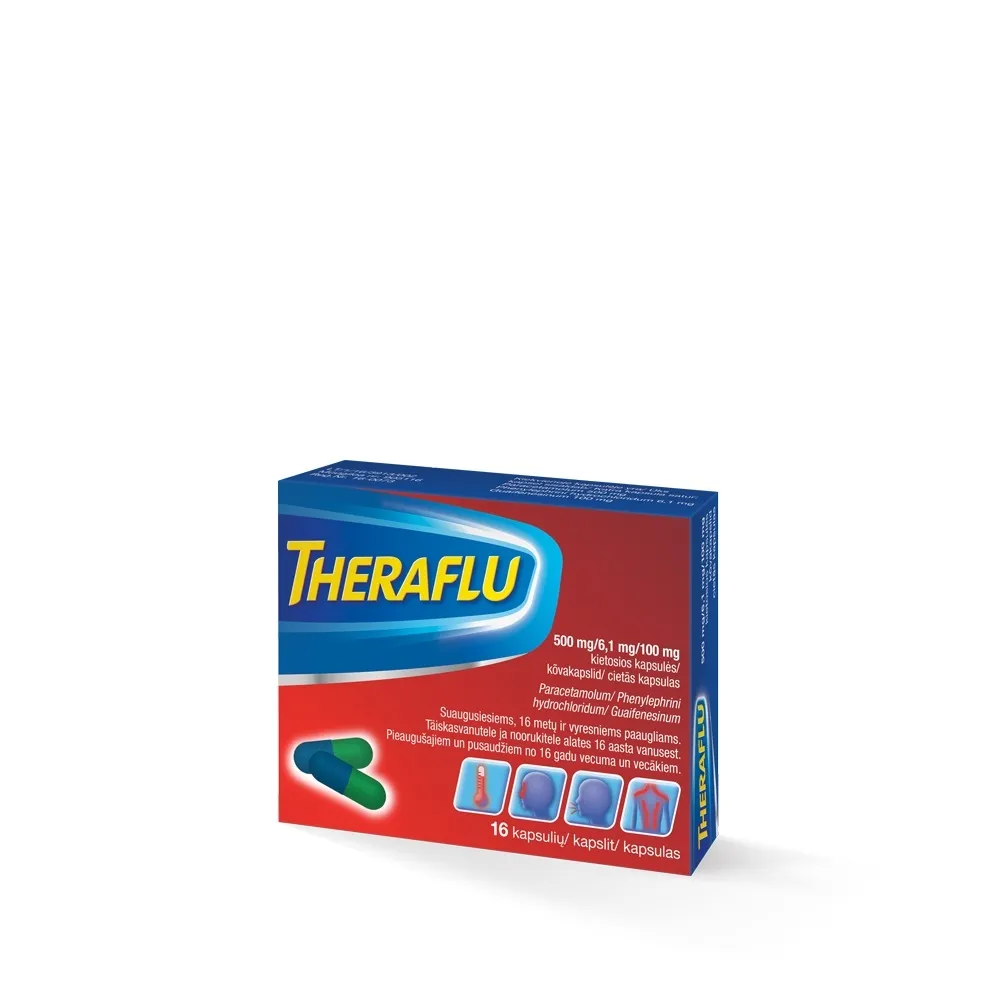 THERAFLU 500 mg/ 6.1 mg/ 100 mg cietās kapsulas, 16 gab. - Produkta attēls 