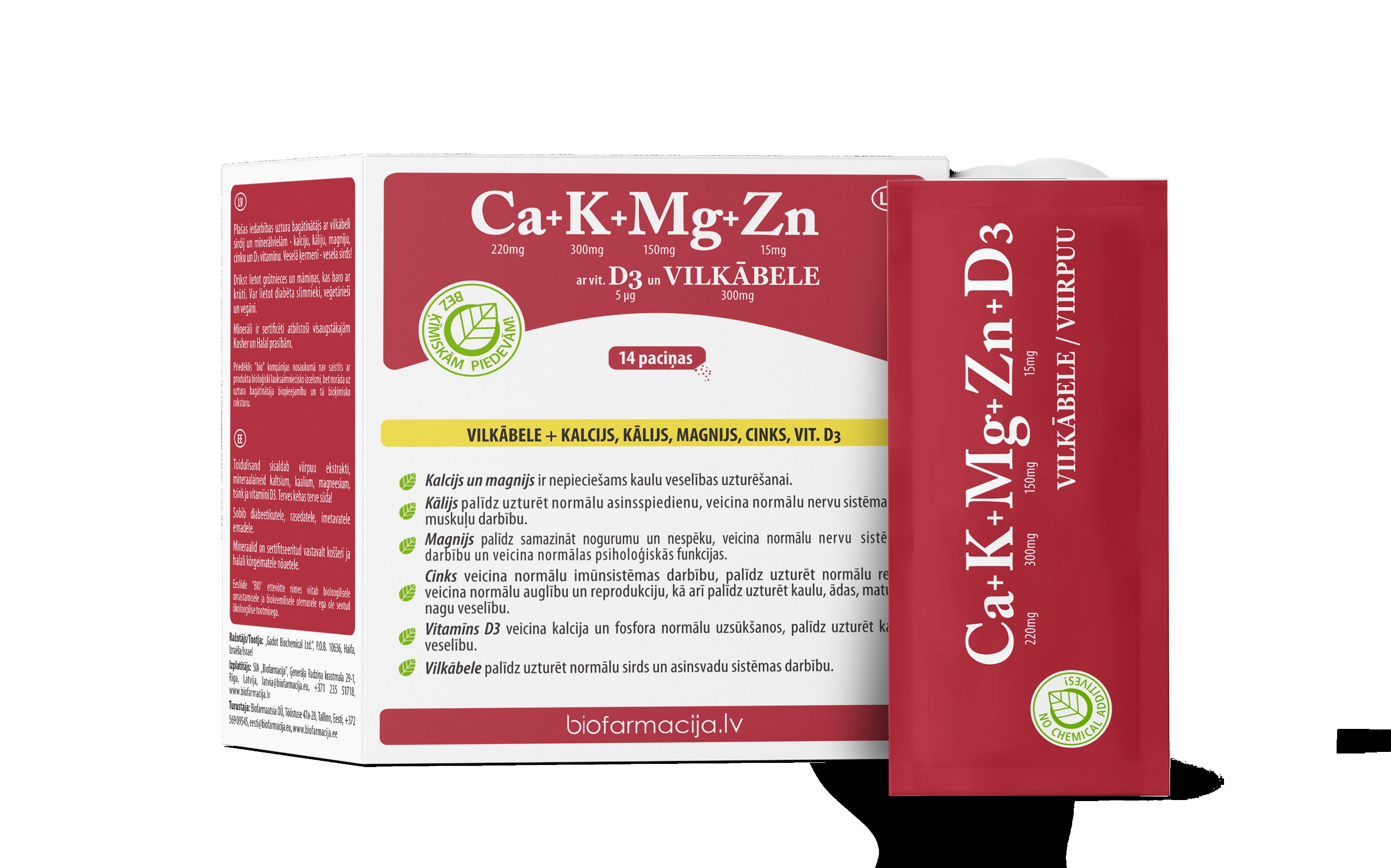 BIO Ca+K+Mg+Zn ar vitamīnu D3 un vilkābeli pulveris, 14 gab. - Produkta attēls 