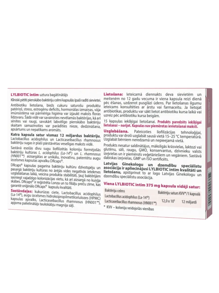LYL BIOTIC intim, 15 kapsulas - Produkta attēls 2