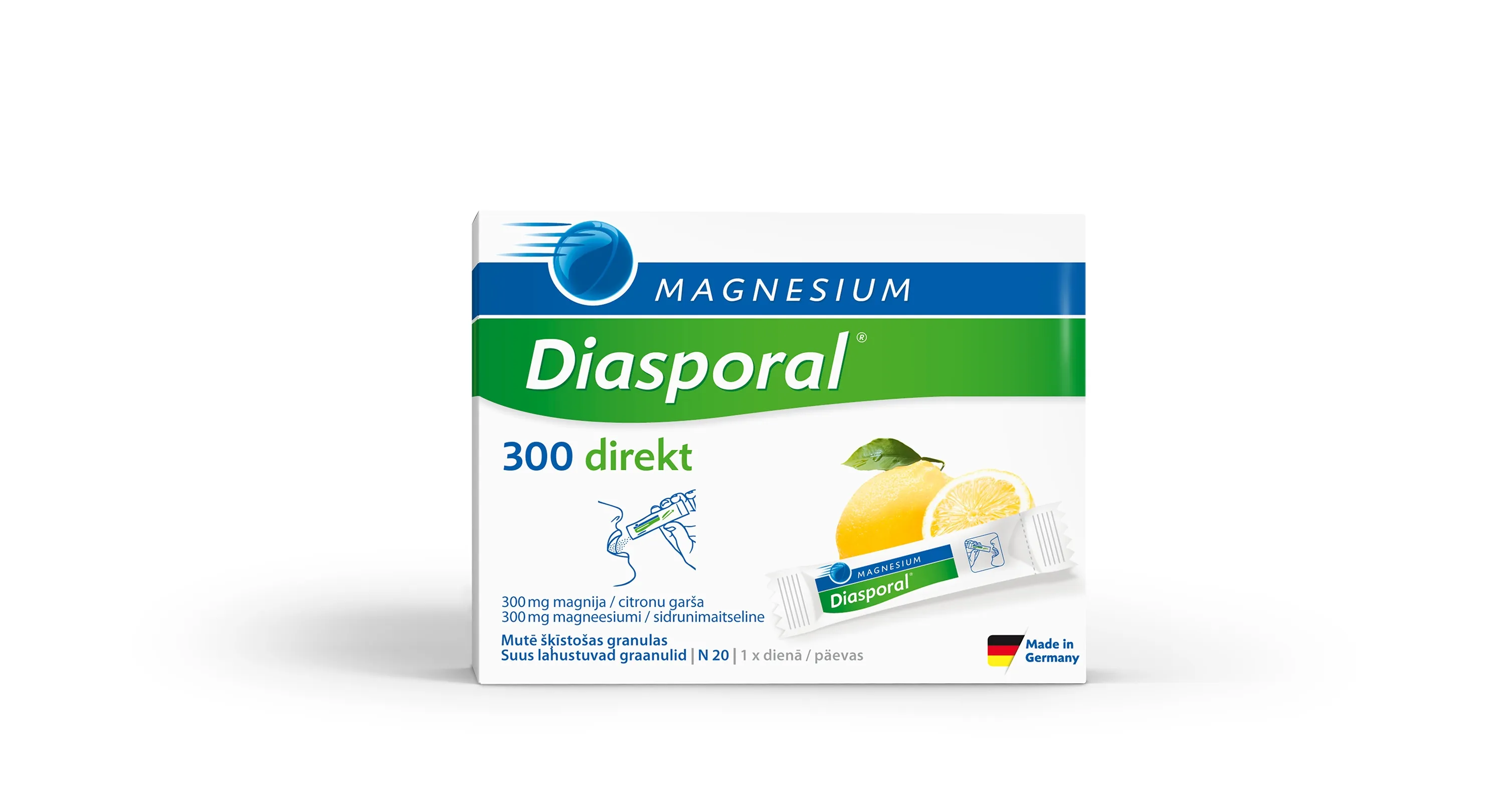 MAGNESIUM DIASPORAL Direkt 300 mg granuas ar citronu garšu, 20 gab. - Produkta attēls 