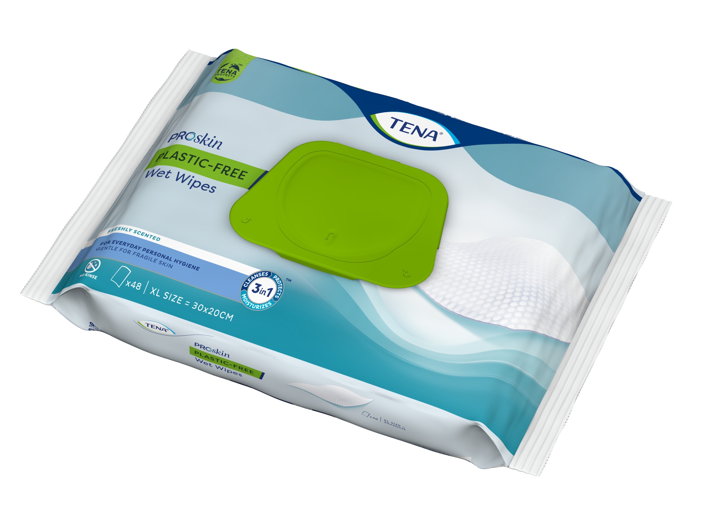 TENA mitrās salvetes/ dvielīši Wet Wipes 3in1 PLASTIC FREE, 48 gab. - Produkta attēls 