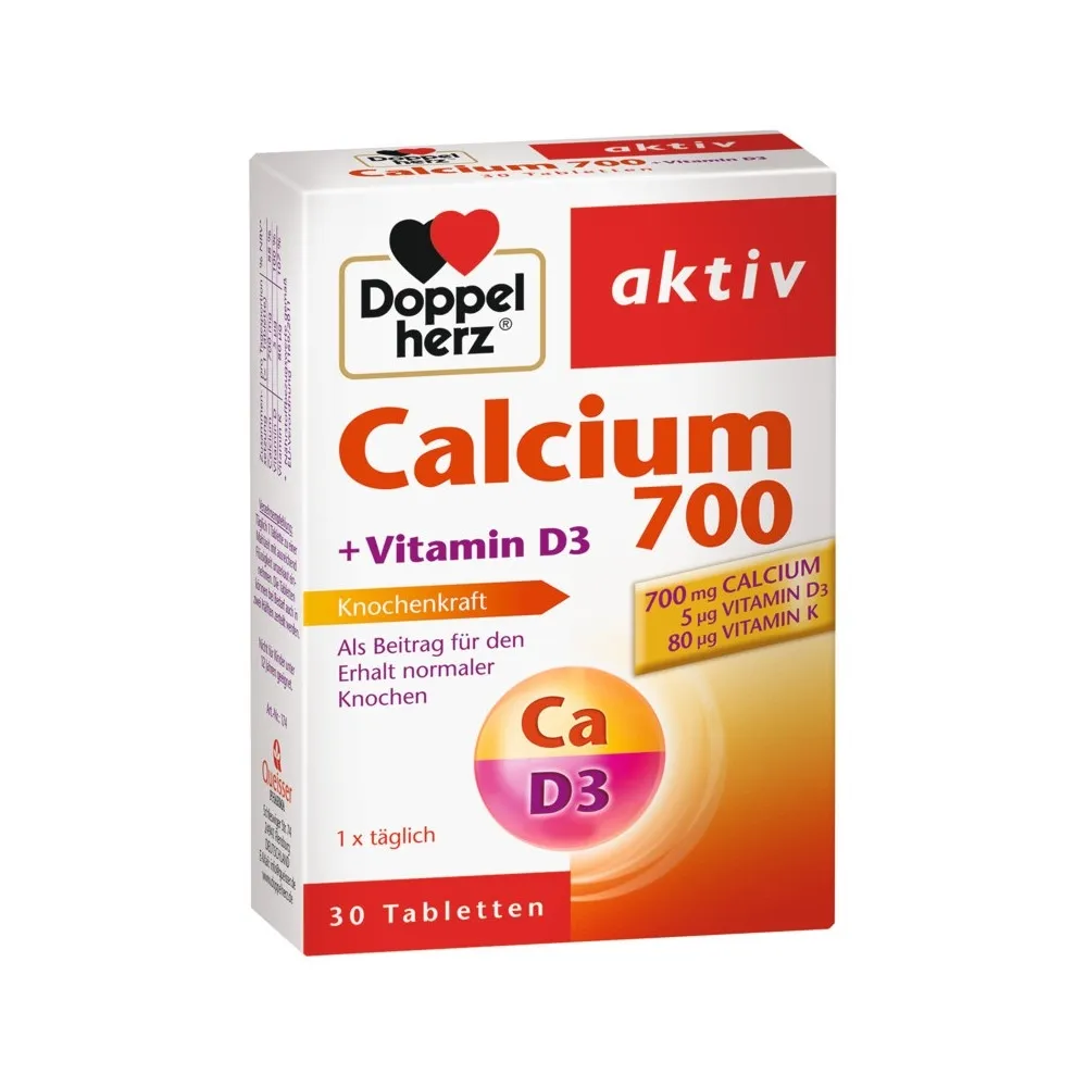 DOPPELHERZ® aktiv Calcium 700+ Vitamin D3 tabletes, 30 gab - Produkta attēls 