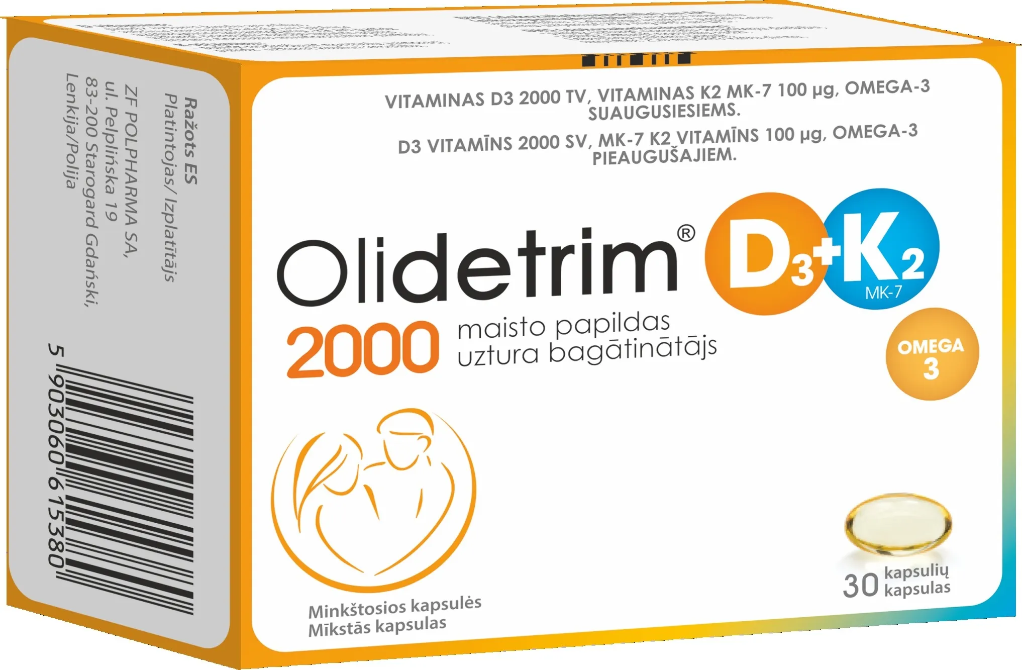 OLIDETRIM® 2000 D3 + K2 Omega-3 kapsulas, 30 gab - Produkta attēls 