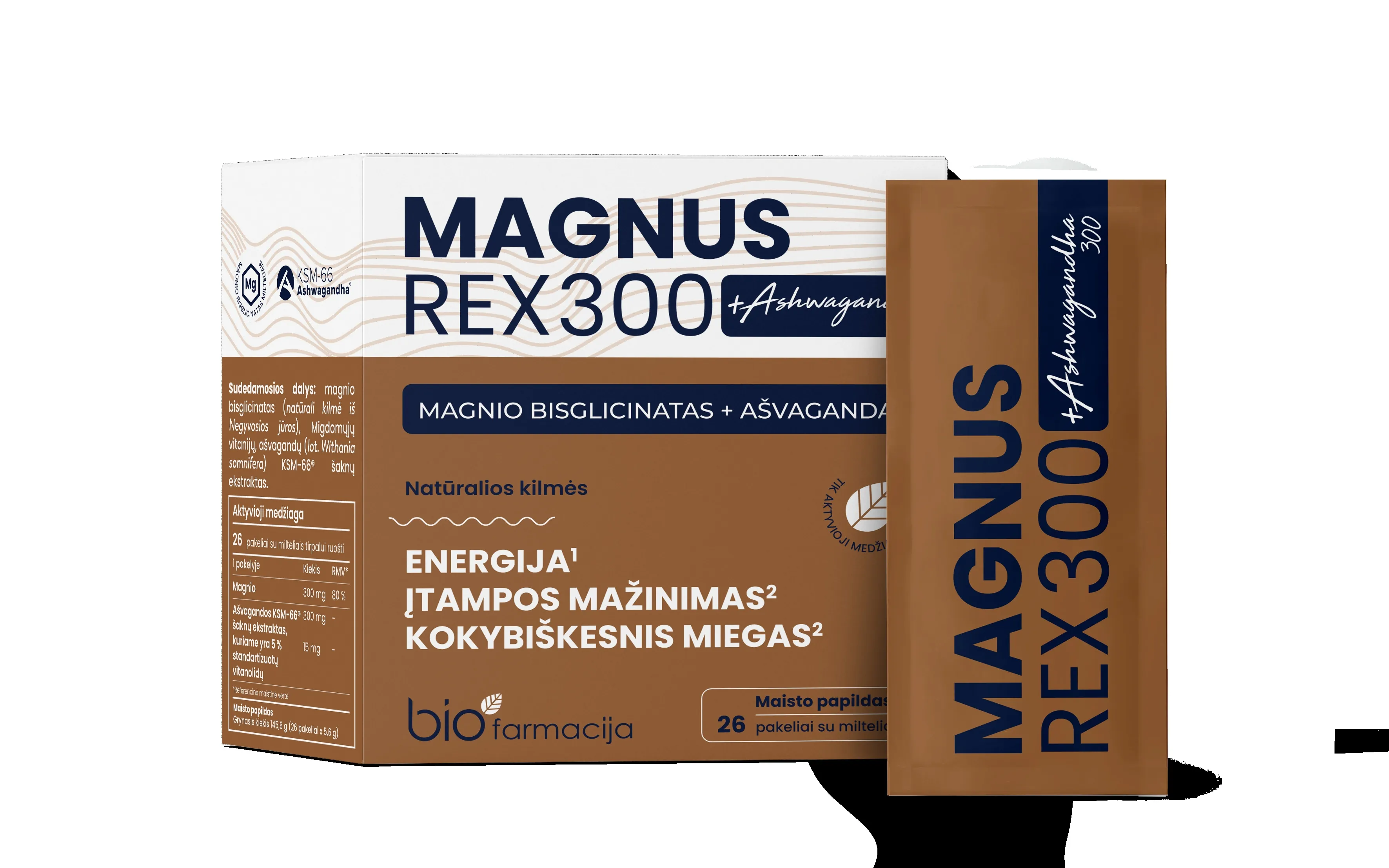 MAGNUS REX 300 + Ashwagandha 300 pulveris paciņās, 26 gab - Produkta attēls 
