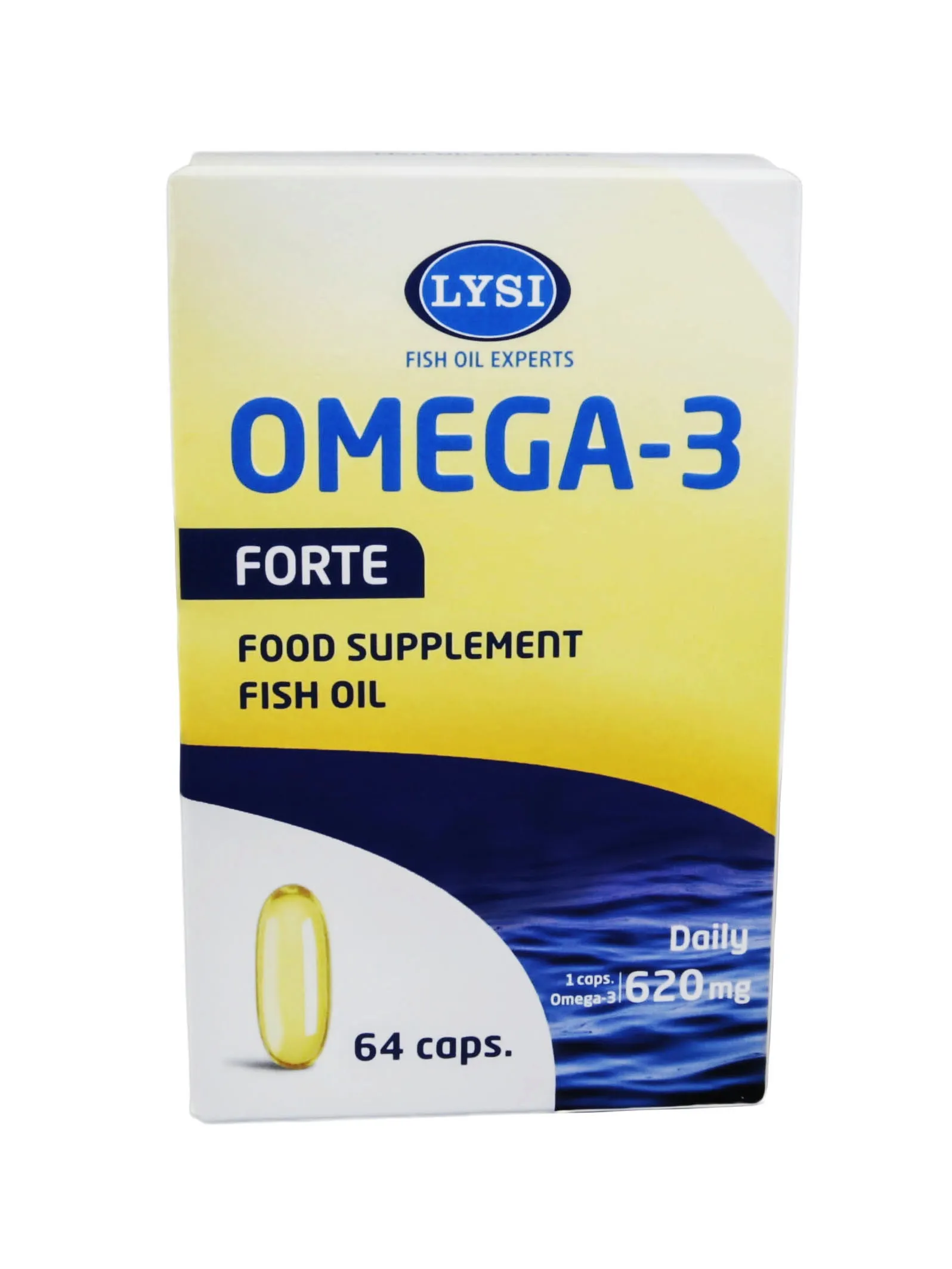 LYSI Omega-3 Forte zivju eļļas kapsulas, 1000 mg, 64 gab - Produkta attēls 