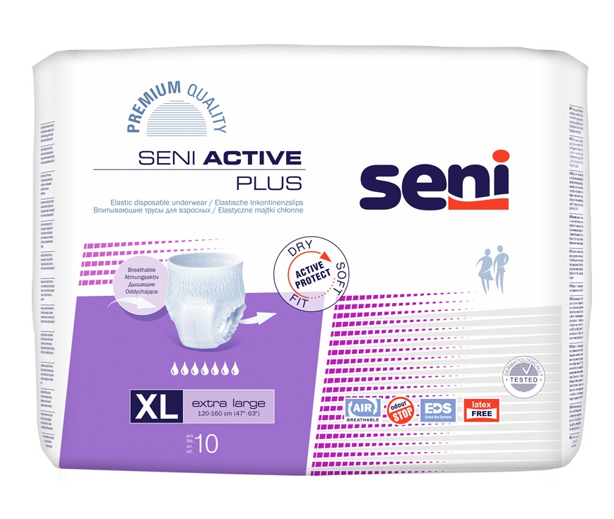 SENI ACTIVE PLUS biksītes pieaugušajiem, XL izmērs (120-160 cm), 10 ga - Produkta attēls 