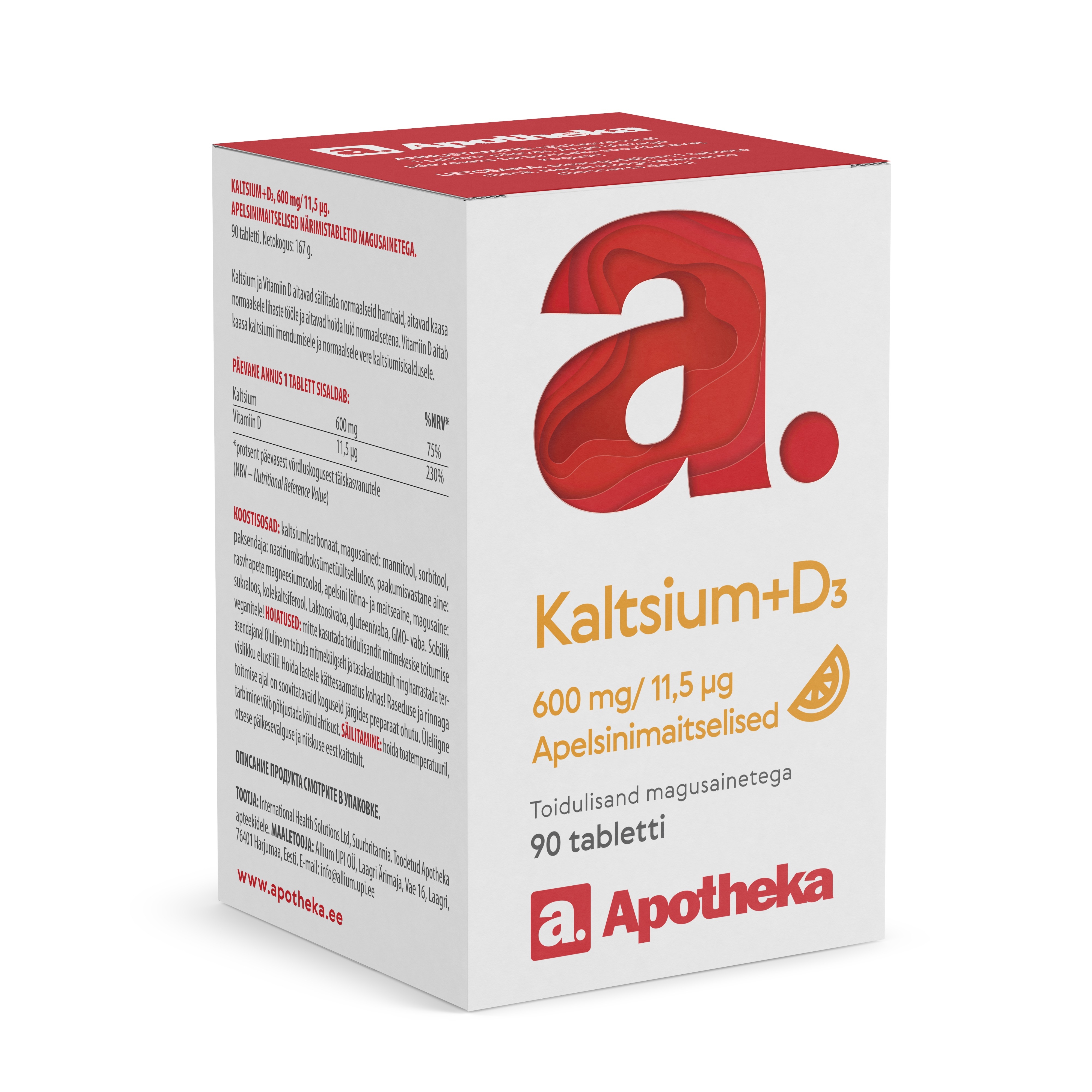 APOTHEKA Kalcijs D3 600 mg/ 460 SV košļājamās tabletes ar apelsīna garšu, 90 gab - Produkta attēls 
