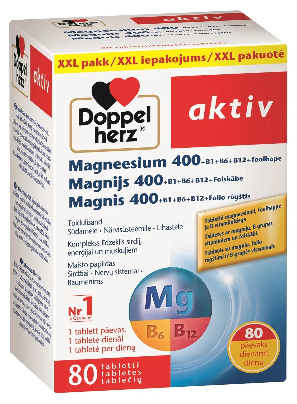 DOPPELHERZ® Aktiv Magnijs 400+ B1 + B6 + B12  + Folskābe tabletes, 80 - Produkta attēls 