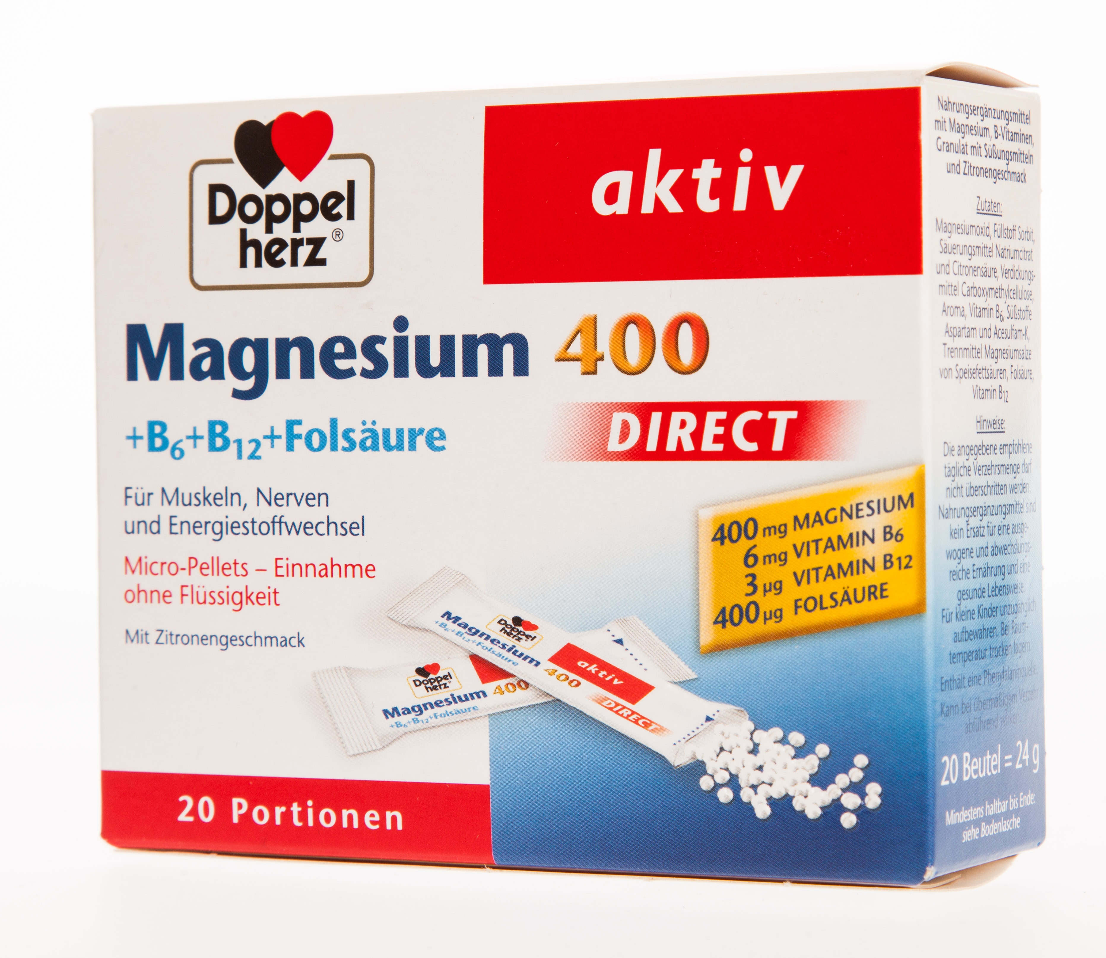 DOPPELHERZ® Aktiv Direct Magnijs 400 + B6 + B12 + Folskābe mikrogranul - Produkta attēls 